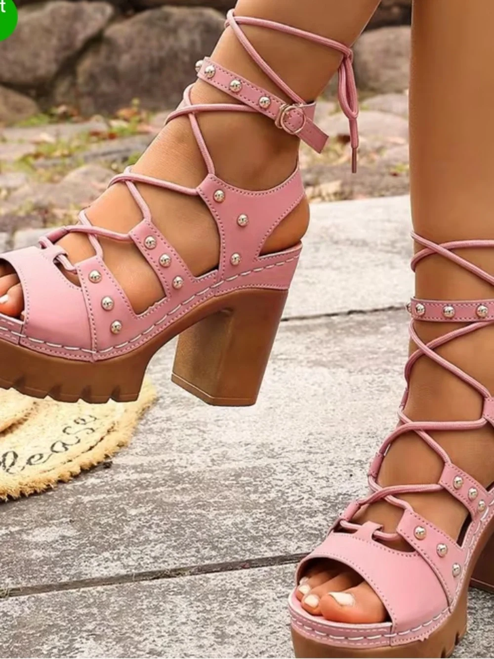 Lace-Up Platform Heeled Sandals - Pink